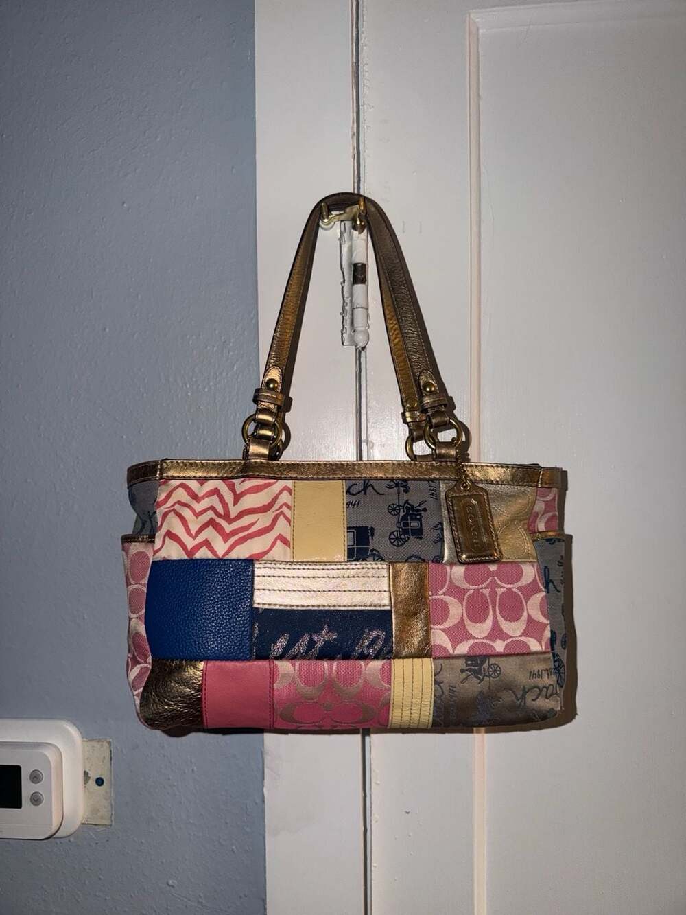 Coach Patchwork Tote Bag Multi-Color Metallic Gold Leather Purse